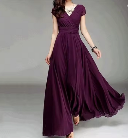 Women's Short-Sleeved Chiffon Evening Dress, Female Party Dress, Monochromatic, Bohemian, Long, Elegant