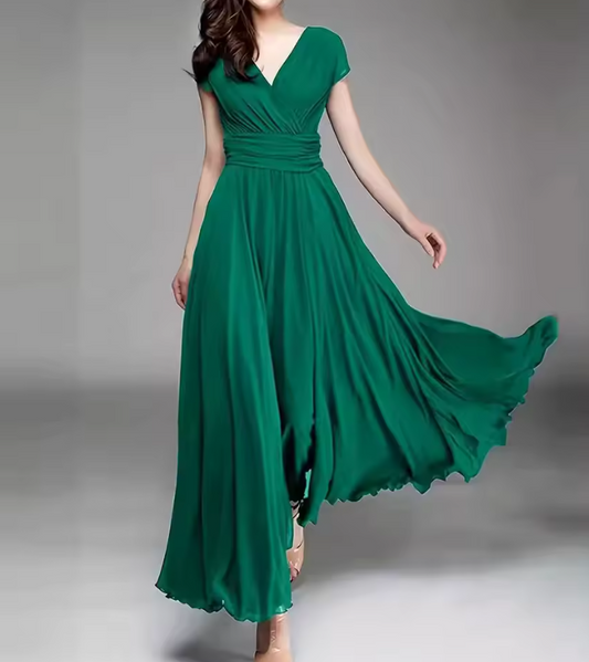 Women's Short-Sleeved Chiffon Evening Dress, Female Party Dress, Monochromatic, Bohemian, Long, Elegant
