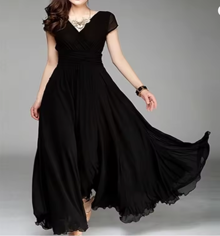 Women's Short-Sleeved Chiffon Evening Dress, Female Party Dress, Monochromatic, Bohemian, Long, Elegant